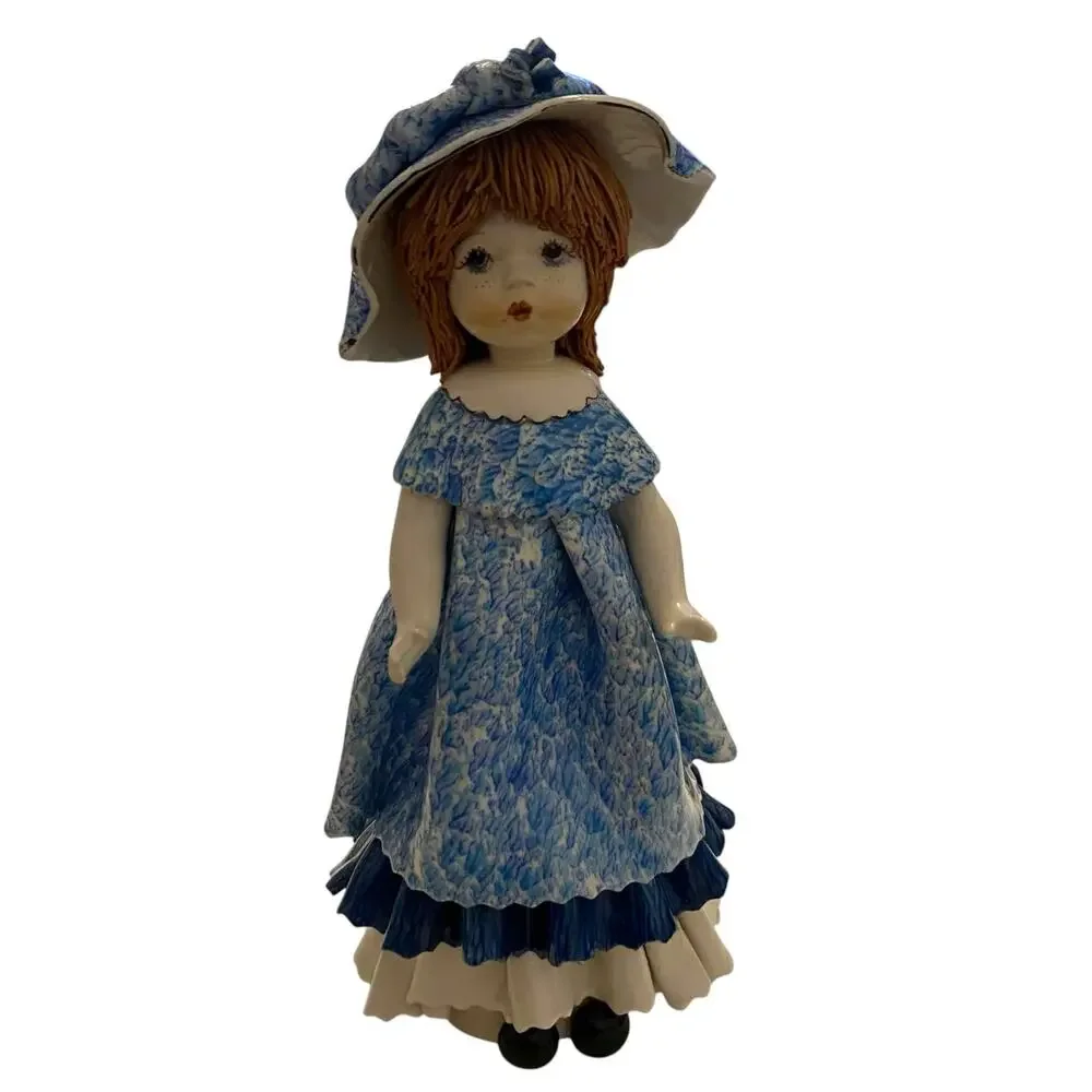 RARE Signed Lino Zampiva Porcelain Doll Figurine Italy Spaghetti Hair Blue Dress